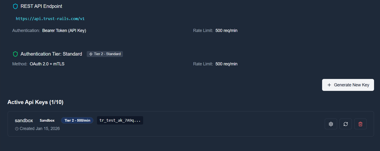 Integration Portal showing the API Keys section with the 'Generate New Key' button