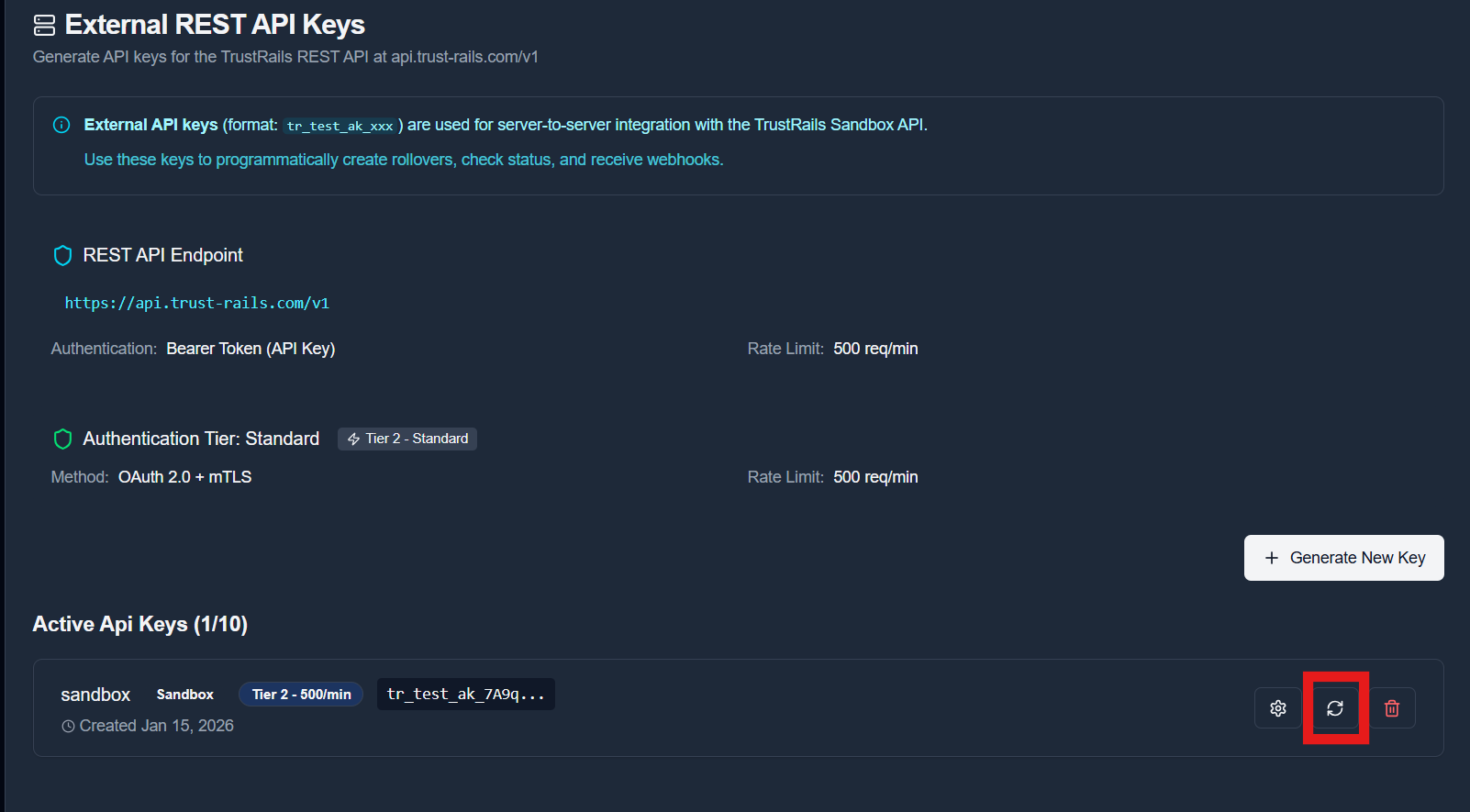 Integration Portal showing how to revoke an old API key